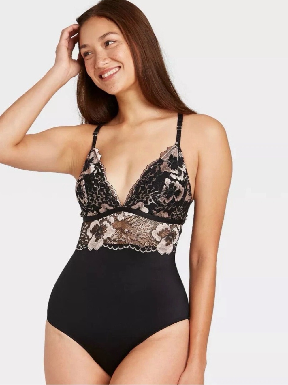 Women's V-Neck Bodysuit Black Floral Lace Mesh - Auden Size XS